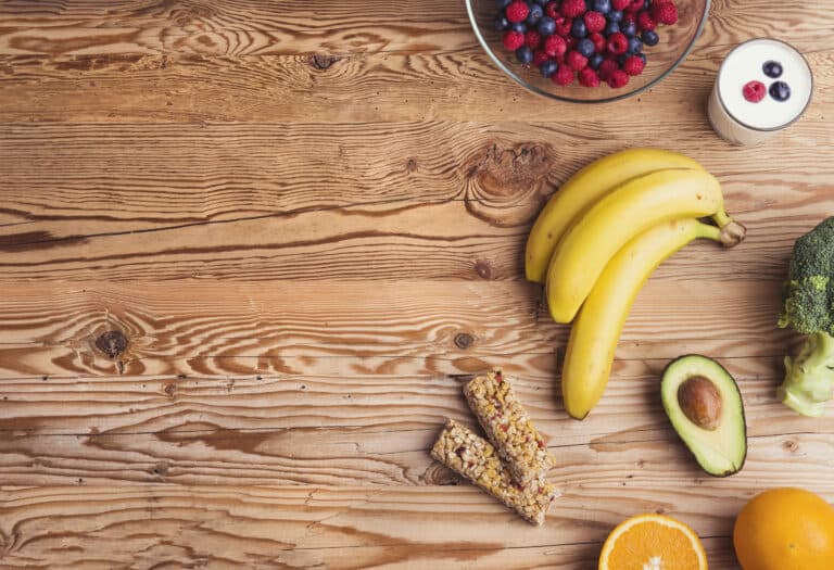 A composition of fresh, healthy food on a wooden table
