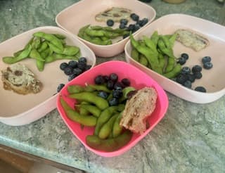 This pic is edamame, blueberries, and a slice of cinnamon/date/molasses/macadamia nut bread we made