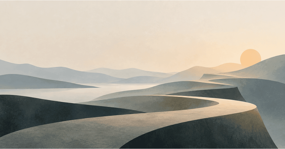 Winding path towards setting sun